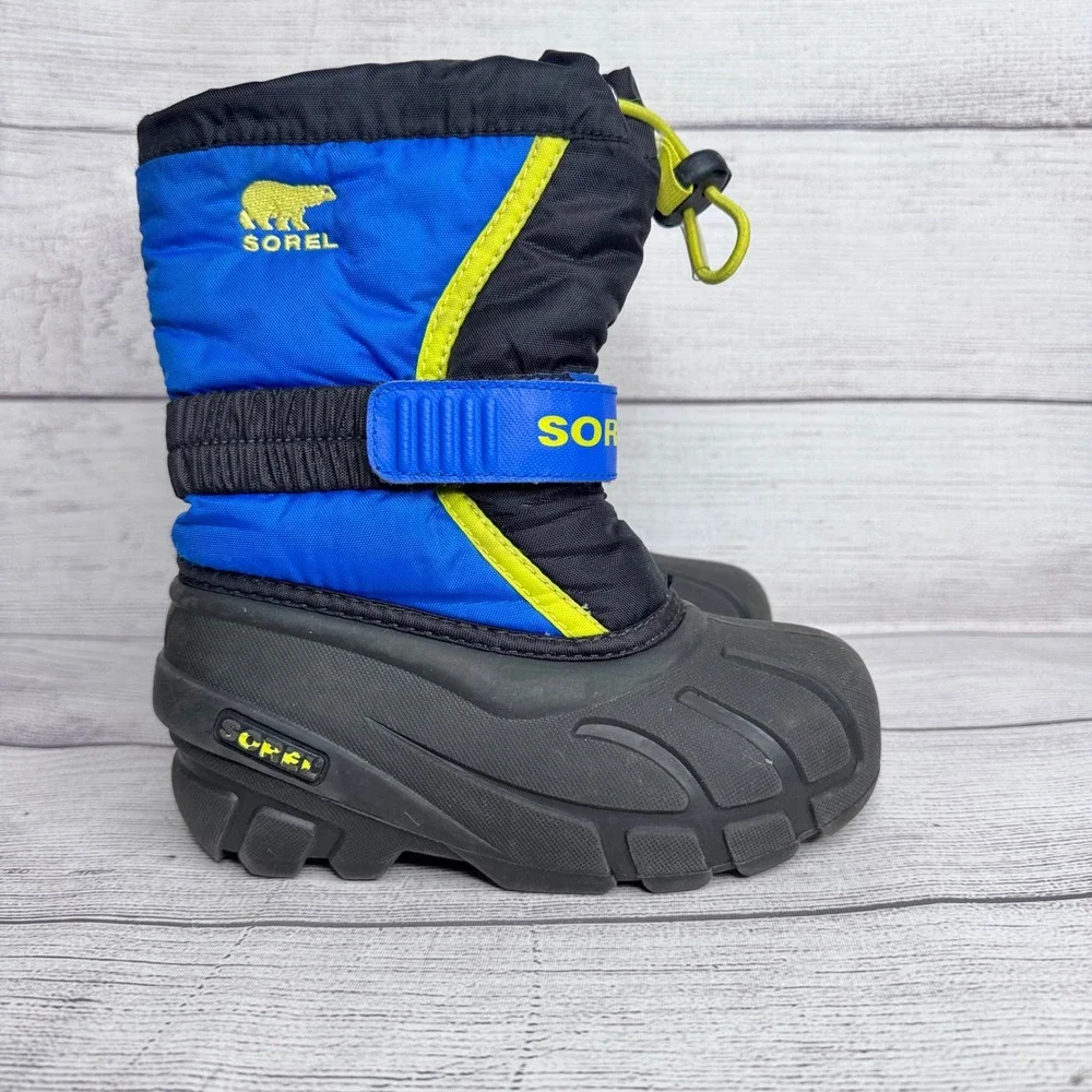 Sorel Flurry Kids Winter Snow Boots Blue Black Yellow NC1885-014 Size 10‎